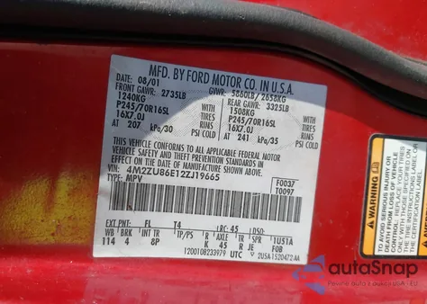 2002 Mercury Mountaineer из США, поврежденный, VIN 4M2ZU86E12ZJ19665